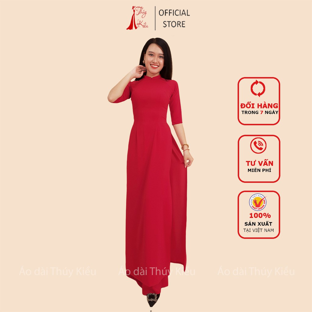 Áo dài trơn lụa Nhật cổ 2 phân màu đỏ tươi AK17