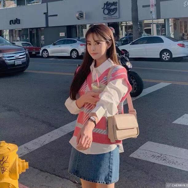 Áo Dệt Kim Không Tay Họa Tiết Sọc Caro Màu Hồng Ngọt Ngào