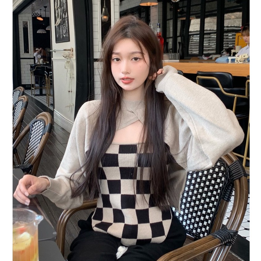 Set áo khoác và áo khoác tay dài họa tiết ca rô nhiều màu sắc thời trang dành cho nữ