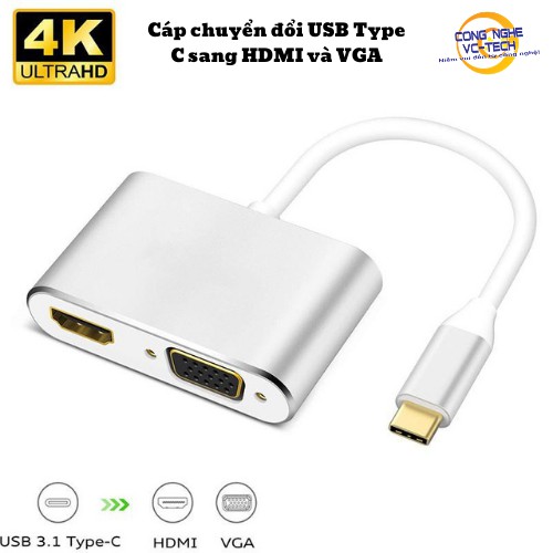Cáp chuyển đổi USB Type C sang HDMI và VGA (USB C to HDMI , VGA)-Chất liệu vỏ nhôm phay cao cấp-Tín hiệu chuẩn 2K,4K