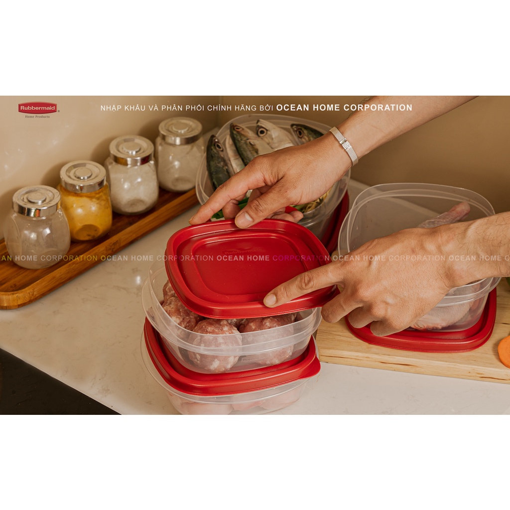 Bộ 6 hộp đựng thực phẩm RUBBERMAID CHÍNH HÃNG có nắp màu đỏ bằng nhựa nguyên sinh