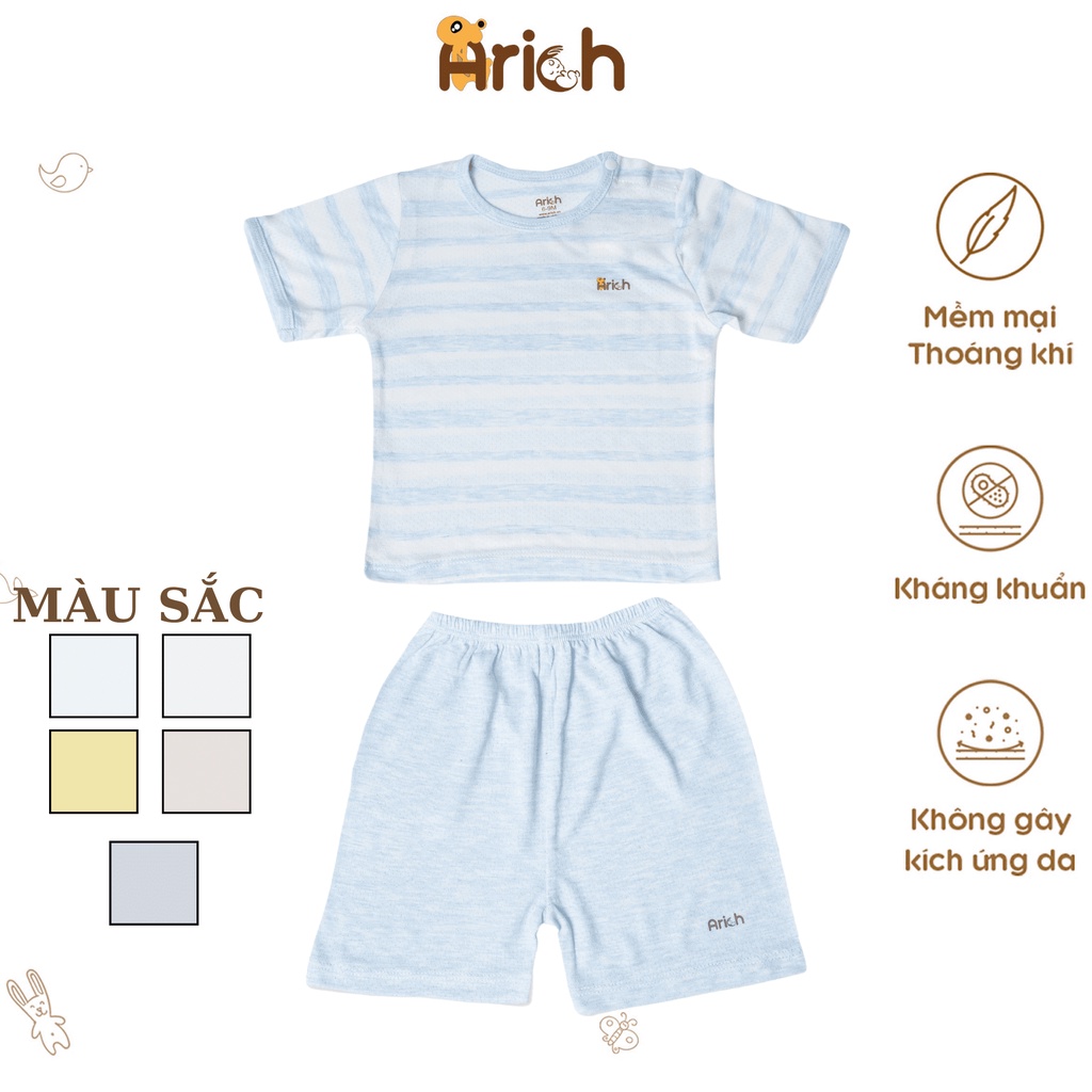 Bộ quần áo cộc cài vai Arich vải sợi tre dệt kim thoáng khí, đồ bộ bé trai,bé gái co giãn 4 chiều mềm mịn cho bé