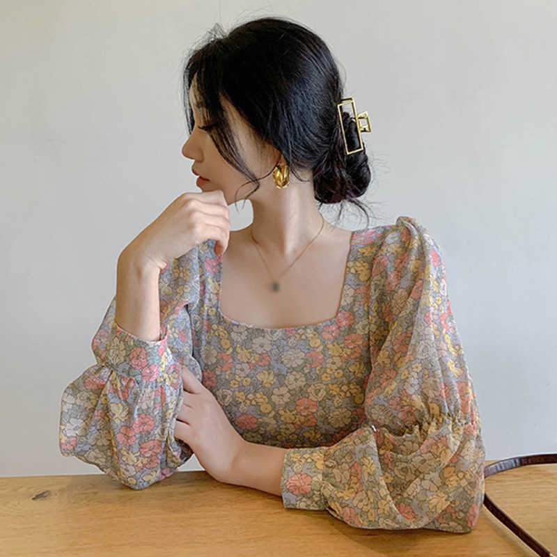 Áo Kiểu Tay Dài Cổ Vuông Họa Tiết Hoa Phong Cách Retro