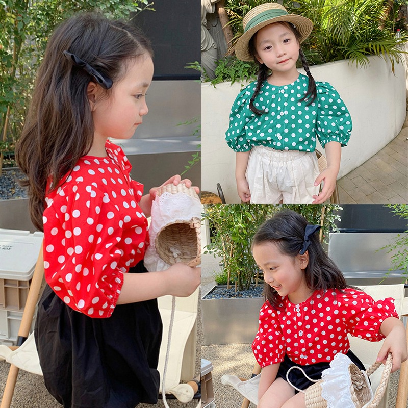 Áo Sơ Mi Cổ Tròn Cài Nút Họa Tiết Chấm Bi Thời Trang Mùa Hè Cho Bé Gái 3-8 Tuổi