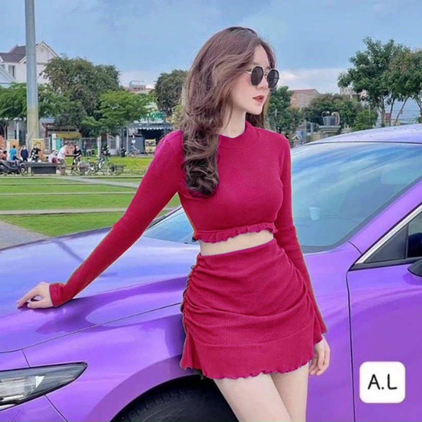 set áo tay dài bèo dưới croptop chân váy xòe đuôii cá xinh
