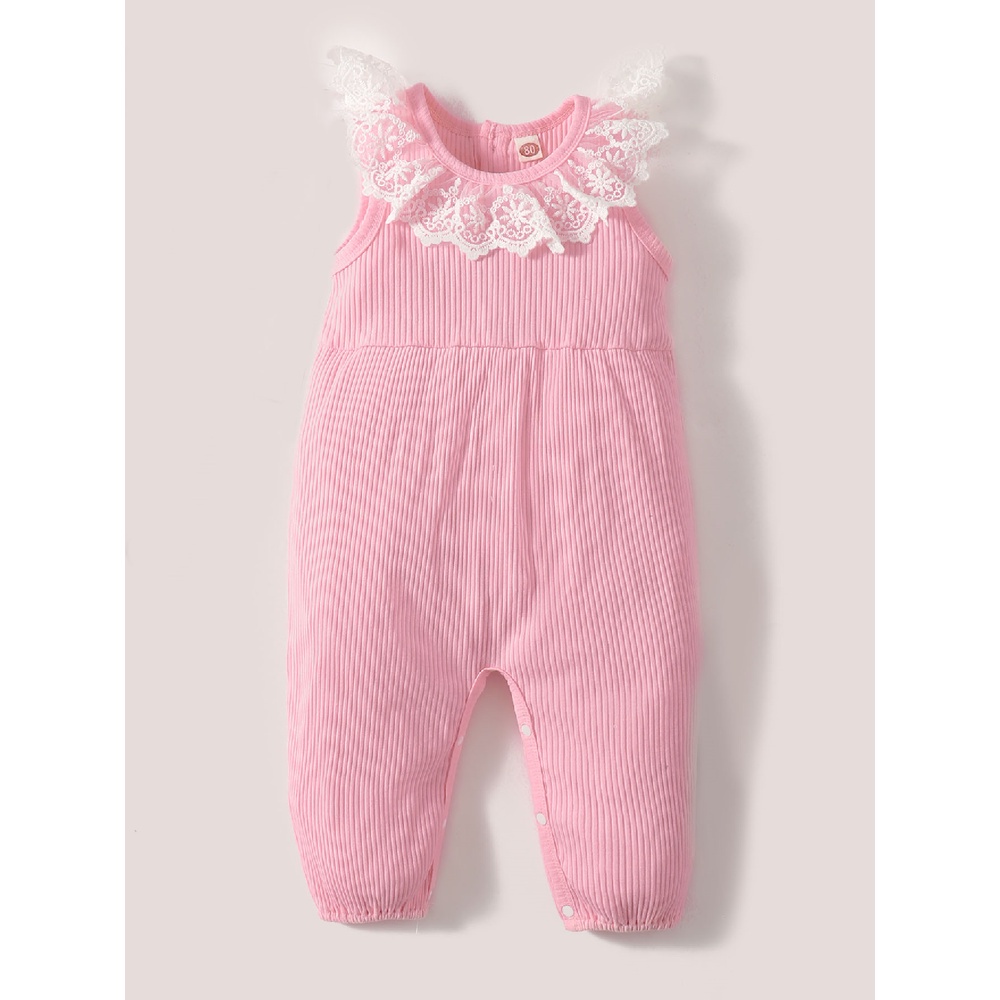 Áo liền quần MIKRDOO cổ Peter Pan phối ren màu hồng thời trang mùa hè cho bé gái 0-24 tháng tuổi