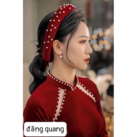 Áo Dài Nhung Xẻ Đính Ngọc Cao Cấp May Sẵn Tà Dài Form Truyền Thống