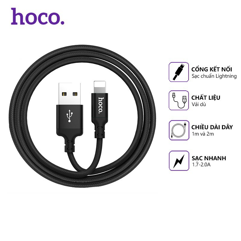 Cáp sạc nhanh Hoco X14 dây dù 2.0A, cáp sạc Iphone cổng kết nối Lightning, dài 1m