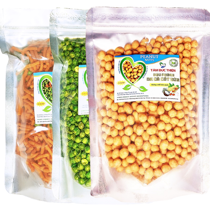 Combo 3 Túi Zip: đậu phộng da cá cốt dừa 500GR đậu hà lan phômai 500gr bim bim que hà lan 405GR Tâm Đức Thiện