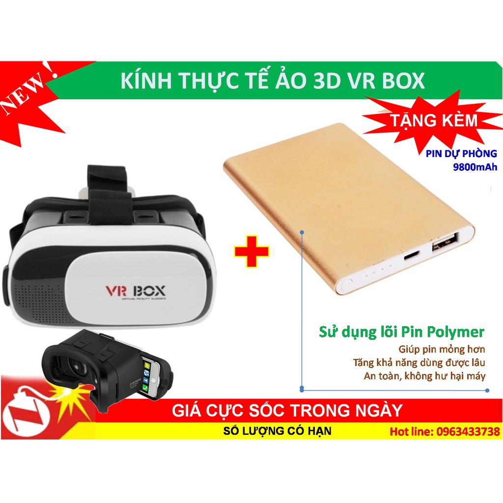 Kính thực tế ảo 3D VR Box thế hệ thứ 2 + Tặng pin dự phòng 9800mah, vỏ kim loại-e99