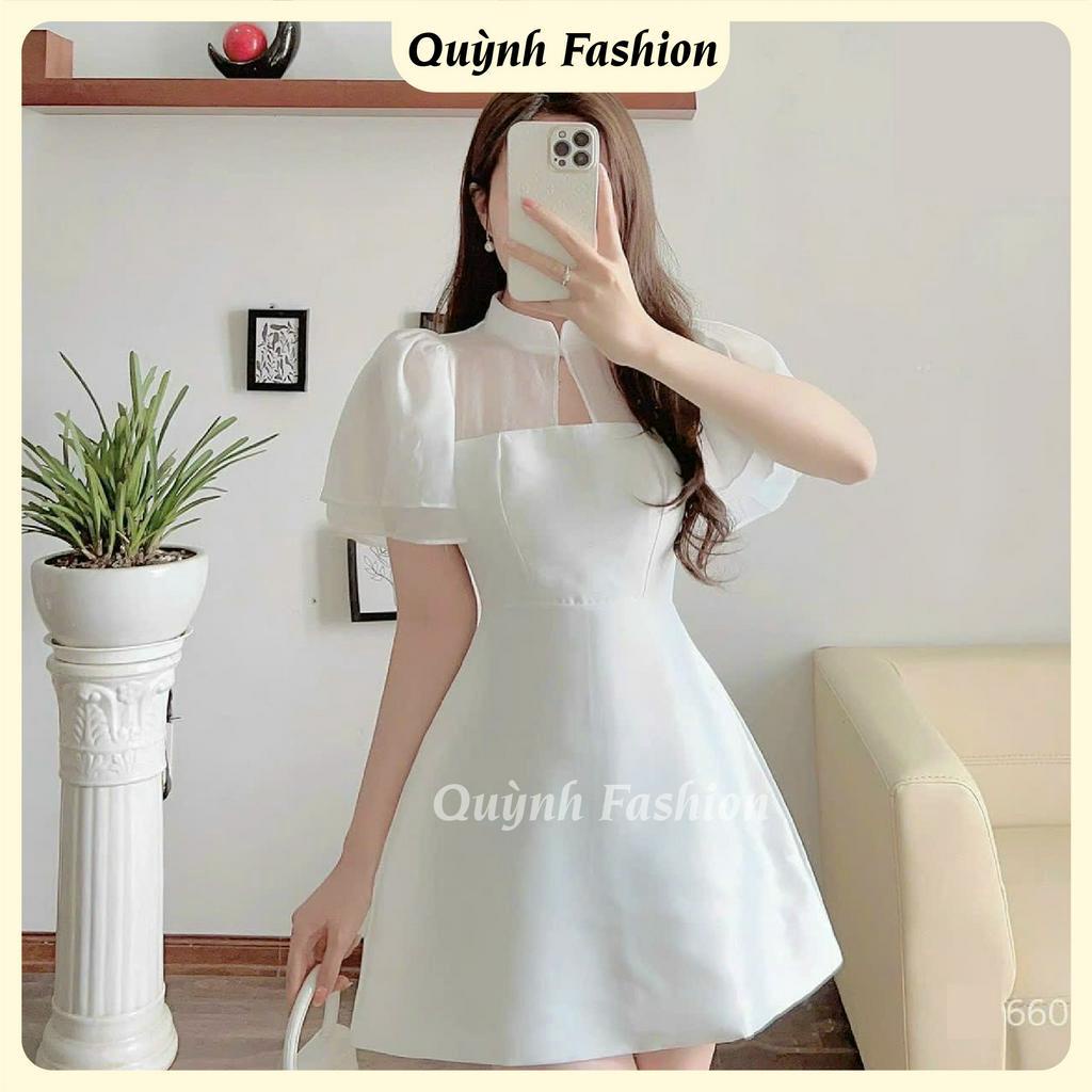 Đầm Cổ Tàu Tay Phồng Phối Bèo Voan Trắng QUỲNH FASHION Lạnh Sang Trọng Nữ Tính Freesize 46-55kg