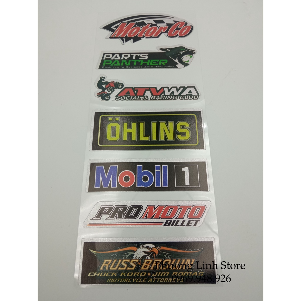 Combo 6 Tem dán phuộc, decal dán xe máy nhiều loại, logo dán xe Motor Go/ Russ Brown