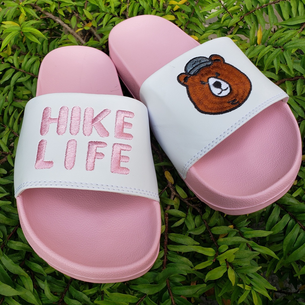 Dép 𝐌𝐋𝐁 UNISEX Gấu Hike.Life hồng, trắng chữ thêu nổi Có video + Ảnh thật + Tặng hộp trending 2021