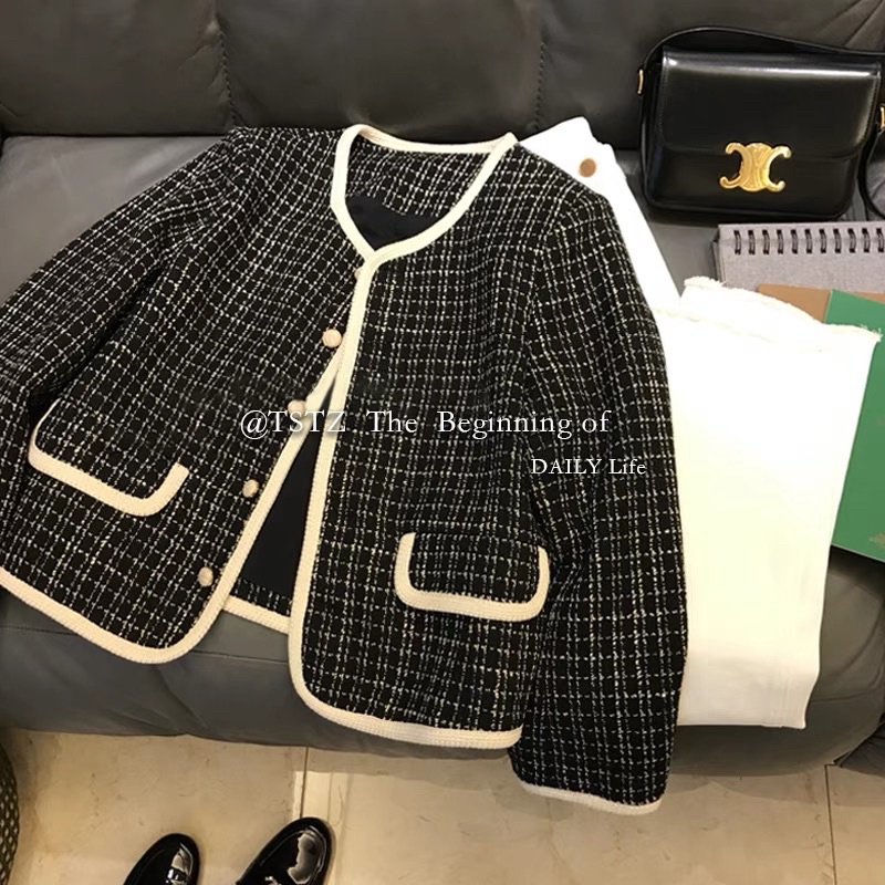 Áo dạ Tweed kẻ caro tiểu thư áo cardigan dạ dày dặn