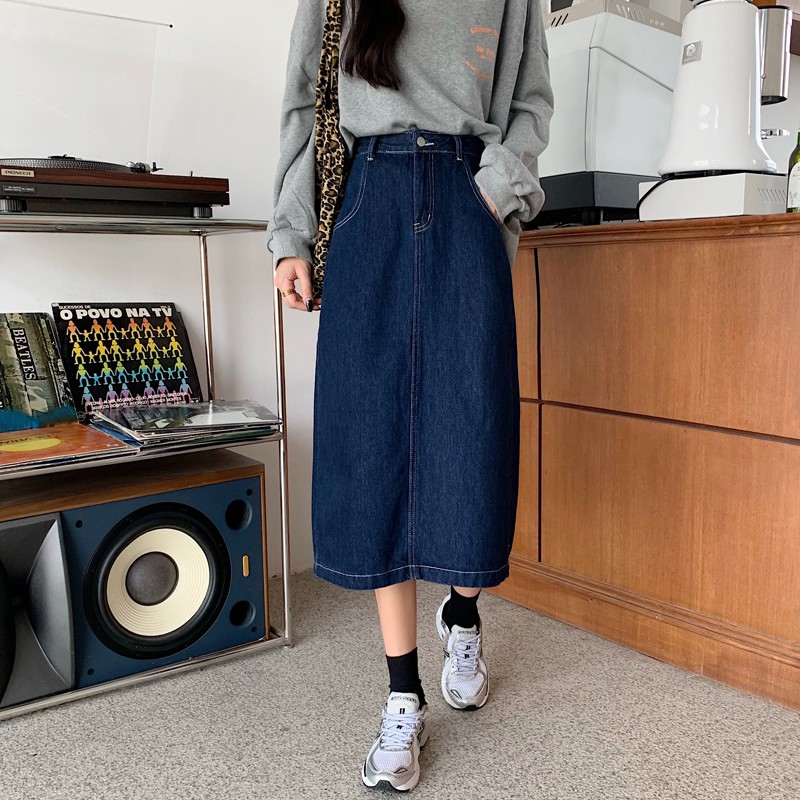 Chân váy bò denim cạp cao dáng dài vintage nhẹ nhàng Hàn Quốc