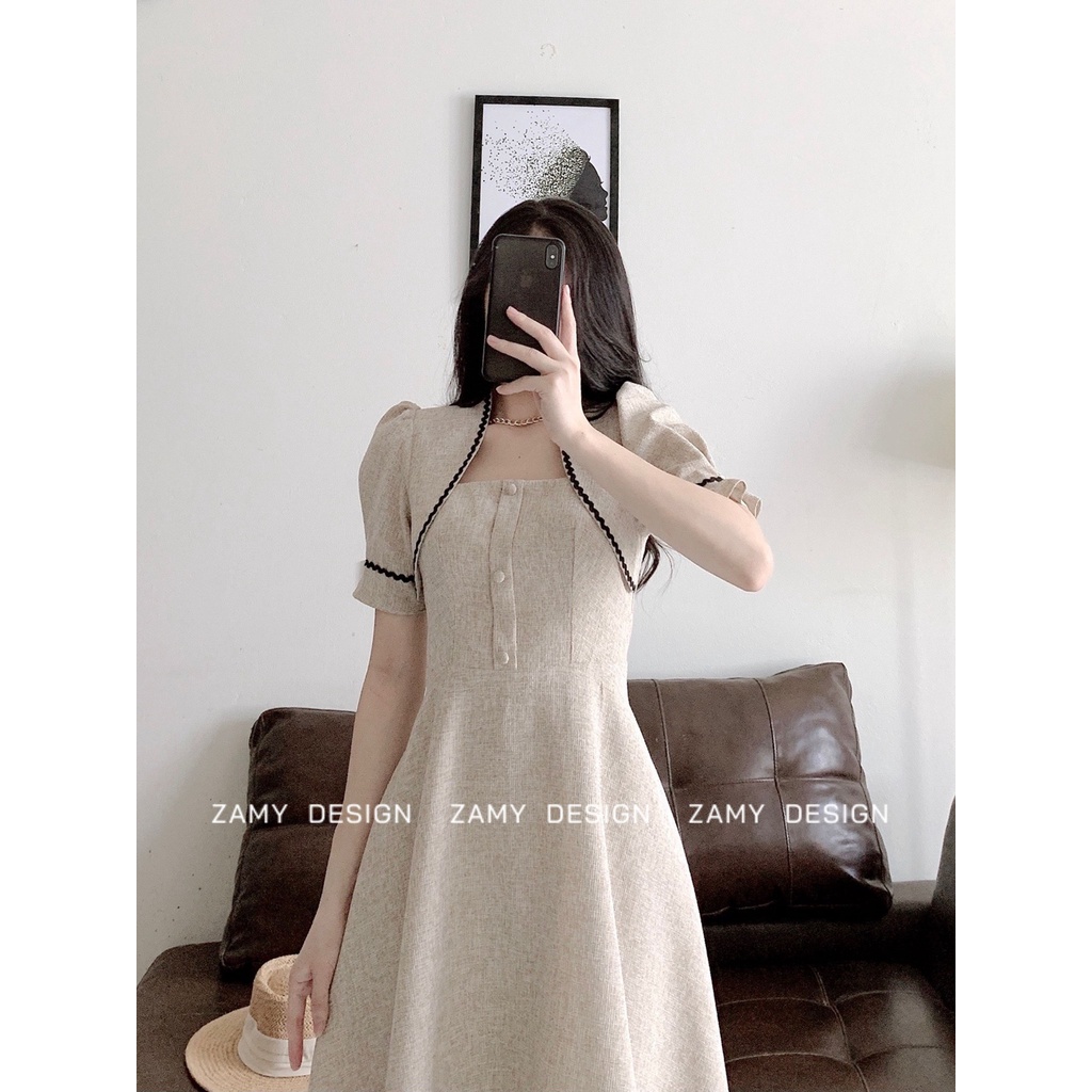 Váy TK tay bồng phối viền đen Zamy | BigBuy360 - bigbuy360.vn