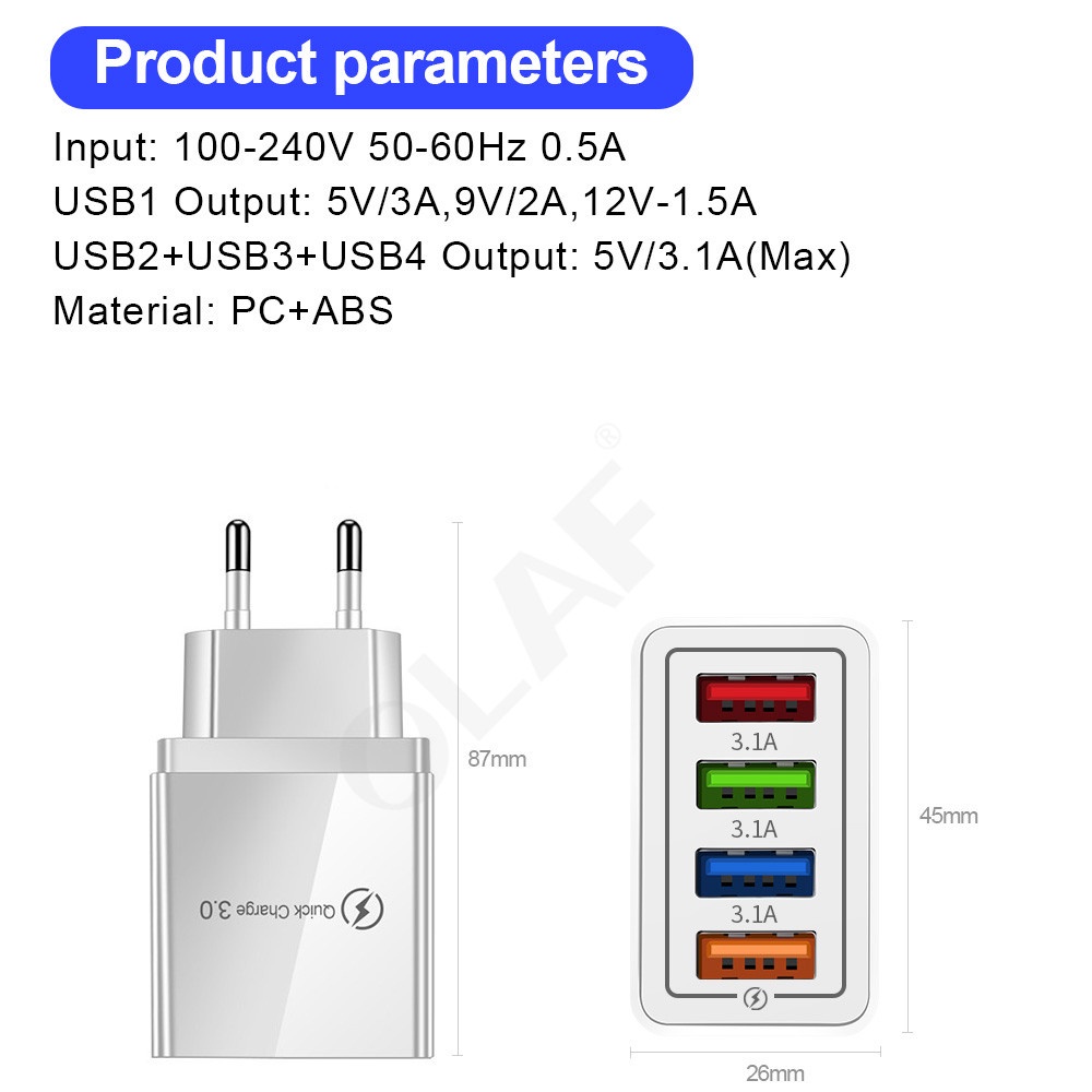 Cục Sạc Nhanh, Củ Sạc Nhanh 4 ổ USB Hàng Chính Hãng EU, Chuẩn Châu Âu QC3.0 Có Led Định Vị Vào Ban Đêm