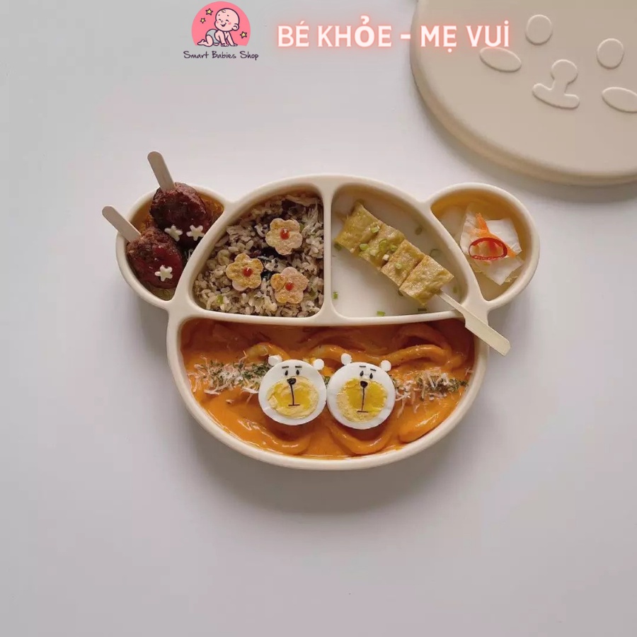 KHAY SILICON CAO CẤP PHONG CÁCH HÀN QUỐC CÓ ĐẾ HÍT CHÂN KHÔNG CHỐNG ĐỔ HÌNH GẤU BROWN CHO BÉ ĂN DẶM, BABYSI