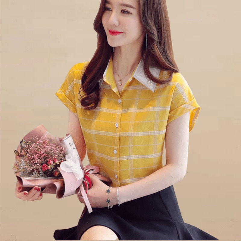 Áo sơ mi voan tay ngắn kẻ sọc che bụng thời trang mùa hè 2021 phong cách nước ngoài cho nữ