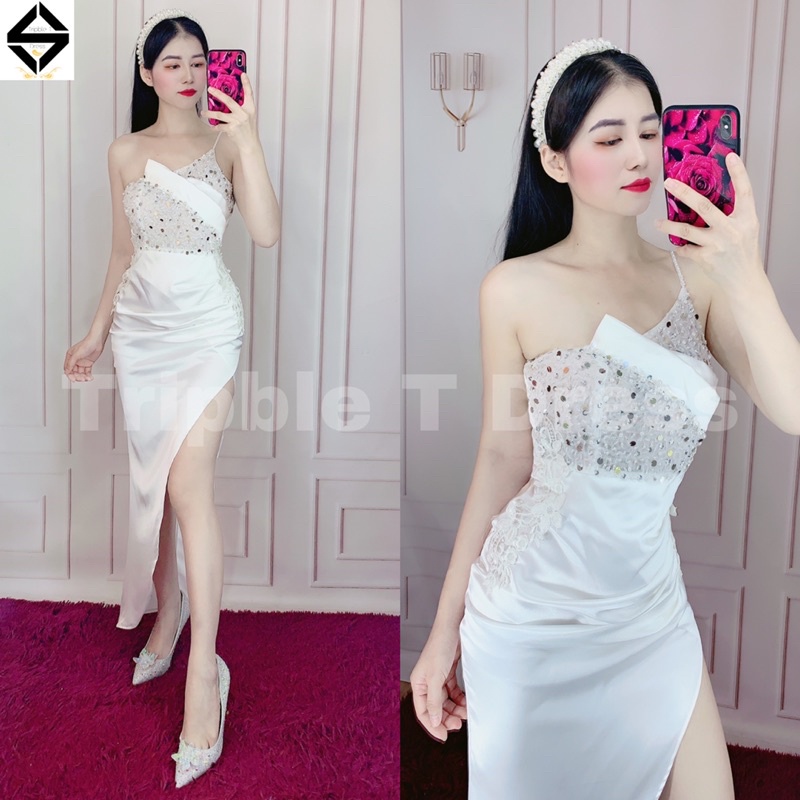 Đầm body 2 dây dự tiệc kết kim sa phối hoa ren nổi chất phi thun lụa TRIPBLE T DRESS - size M/L - MS359V