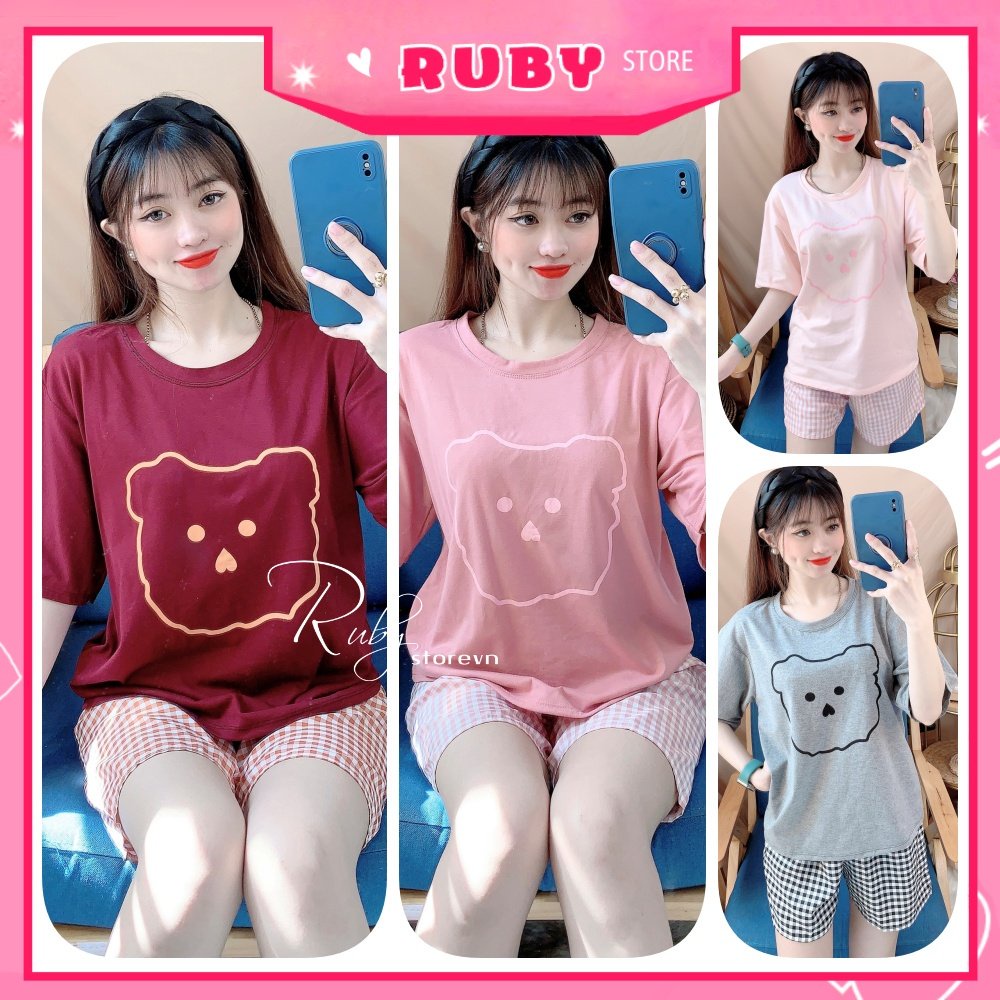 Đồ bộ nữ mặc nhà chất thun mềm mịn mát in hình gấu phối quần caro dễ thương BTT109