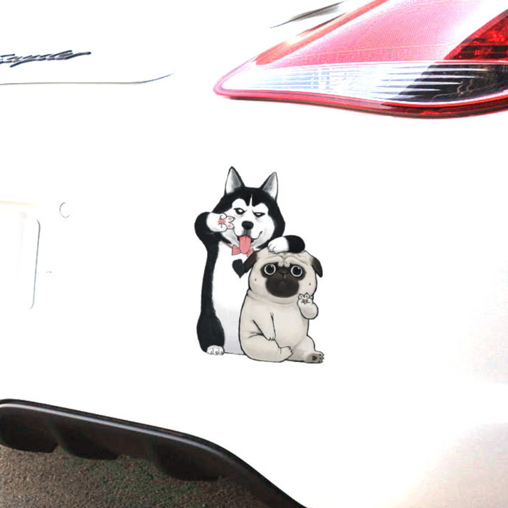 Sticker transfer hình dán trang trí Xe hơi Ô tô - Hai con chó Husky và Pug size 13x9cm