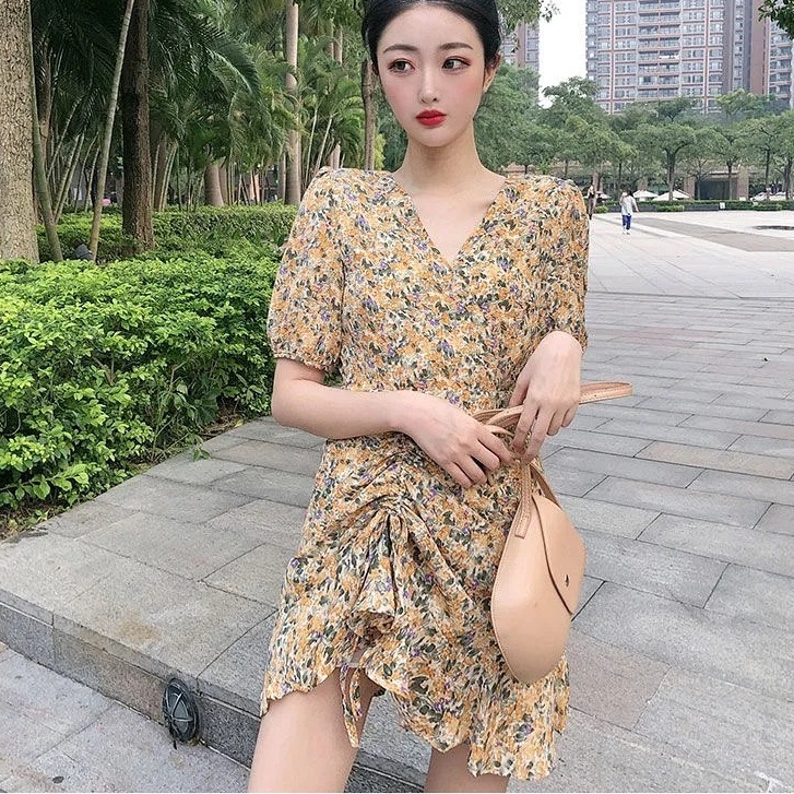 Đầm Cổ Chữ V Họa Tiết Hoa Ngọt Ngào Thời Trang Mùa Hè Theo Phong Cách Hàn Quốc Cho Nữ