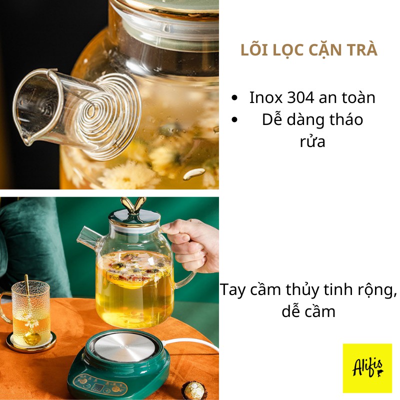 Bình pha trà, ấm pha trà thủy tinh kèm đế điện đa năng chịu nhiệt cao cấp dung tích 1.1L và 1.8L