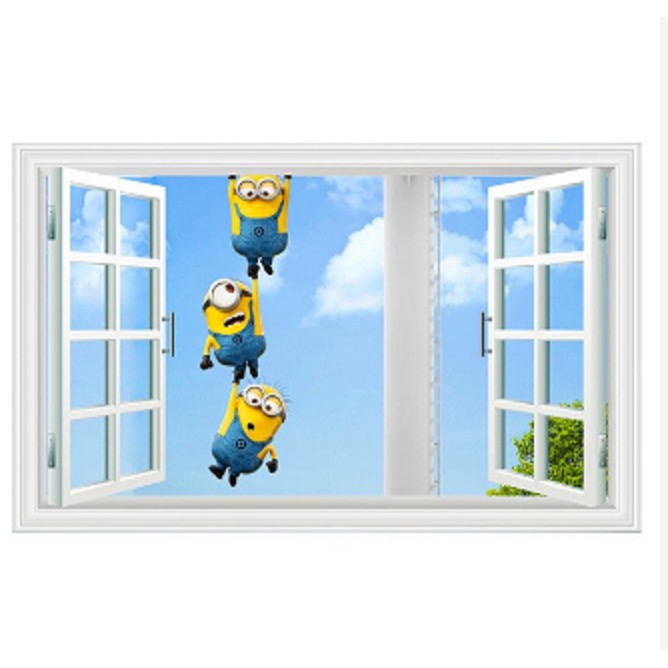 Decal trang trí tường khung cửa sổ 3 con Minion đu nhau
