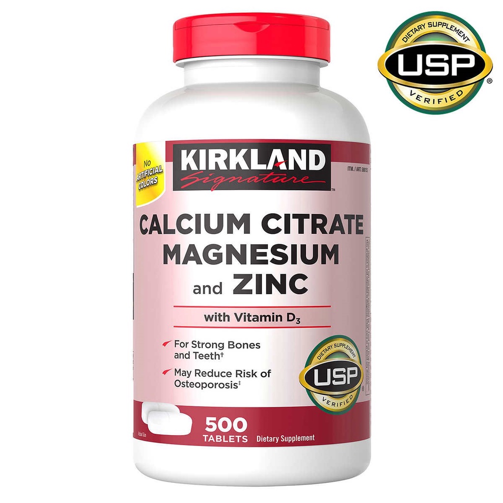 Viên uống bổ sung Canxi &amp; Vitamin D3 Kirkland Calcium Citrate Magnesium and Zinc - 500 viên