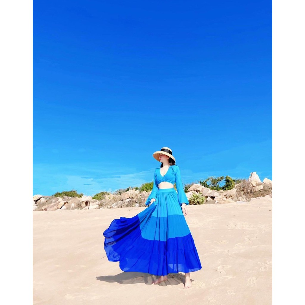 Set maxi đi biển cổ V phối mặc 2 kiểu phong cách thời trang XUKA-DRESS MT018 chất Voon in nhiệt 2 lớp có mút ngực. | BigBuy360 - bigbuy360.vn