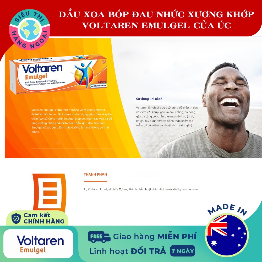 Dầu xoa bóp Voltaren Emulgel Tuýp 100gor75g Australia[Giảm đau và sưng, tổn thương gân, dây chằng, cơ và khớp]