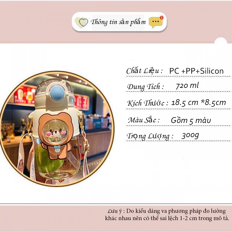 Bình nướ cho bé cute có ống hút hình gấu. Bình nước cho bé đi học có dây đeo, Dung tích 720ml mã B17