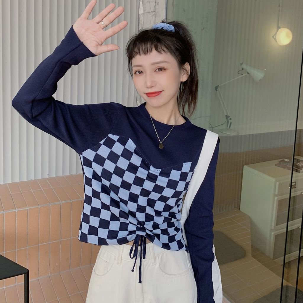 Áo thun tay dài giả hai lớp phối dây rút trước ngực họa tiết caro thời trang cho nữ