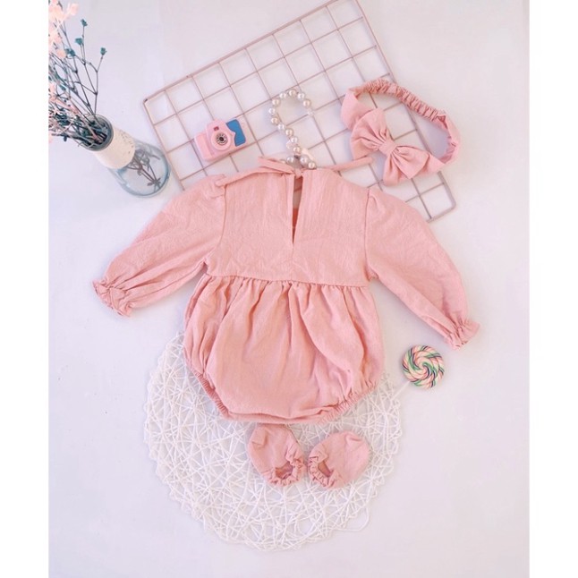 Bodysuit Hồng Cổ Thuyền Dài Tay Cho Bé Gái 0-12 Tháng Kèm Băng Đô Và Tất Chân, Váy Đầy Tháng, Bodysuit Sơ Sinh