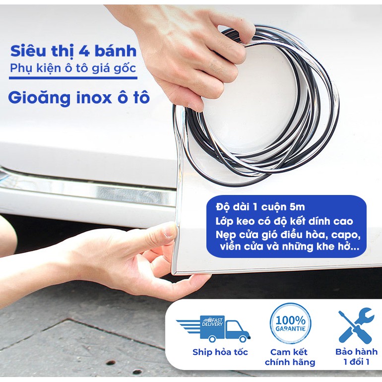 Gioăng inox dán trang trí viền xe ô tô, Chỉ viền trang trí nội thất xe hơi - Cuộn 5M