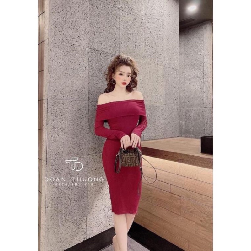 Đầm Body Bẹt Vai Tay Dài Rút Sườn Ôm Dáng Sang Trọng byChang