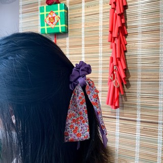 Dây cột tóc pelta scrunchies nơ dài tím mộng mơ