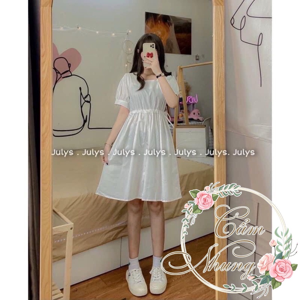 Váy cổ vuông chun eo CAMNHUNG - Đầm tiểu thư bánh bèo phong cách hàn quốc