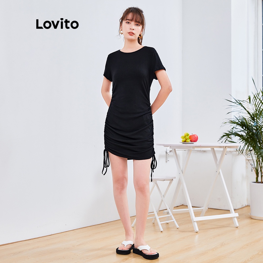 Đầm Lovito mini cổ tròn tay ngắn dây rút phong cách hàng ngày DRMDSYP1029 (Màu đen)