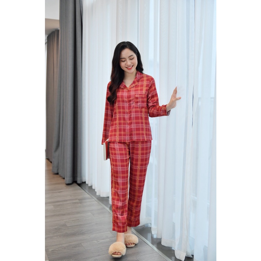 Bộ Mặc Nhà Pyjama Lụa Cao Cấp Tea Store Tay Dài Quần Dài Họa Tiết Caro Đỏ Sang Trọng