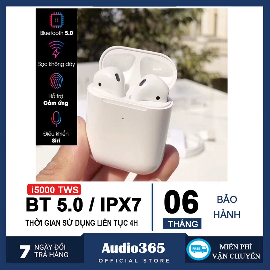 Tai nghe Bluetooth i5000 TWS đổi tên + định vị, pin lên tới 4h, tháo tai dừng nhạc