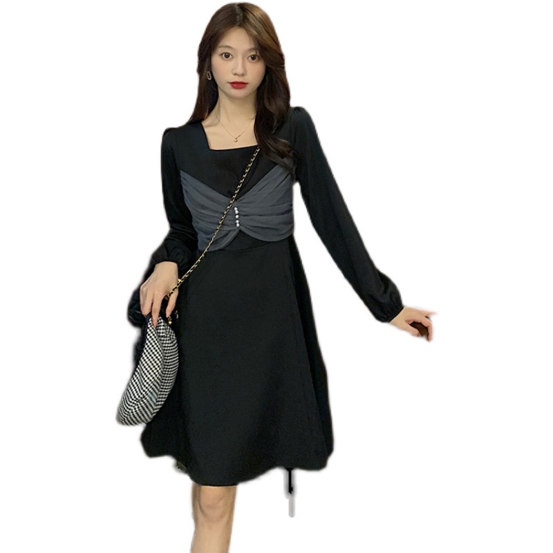 SUXI Đầm Midi Cổ Vuông Tay Dài Phong Cách Hàn Quốc Kiểu Mới