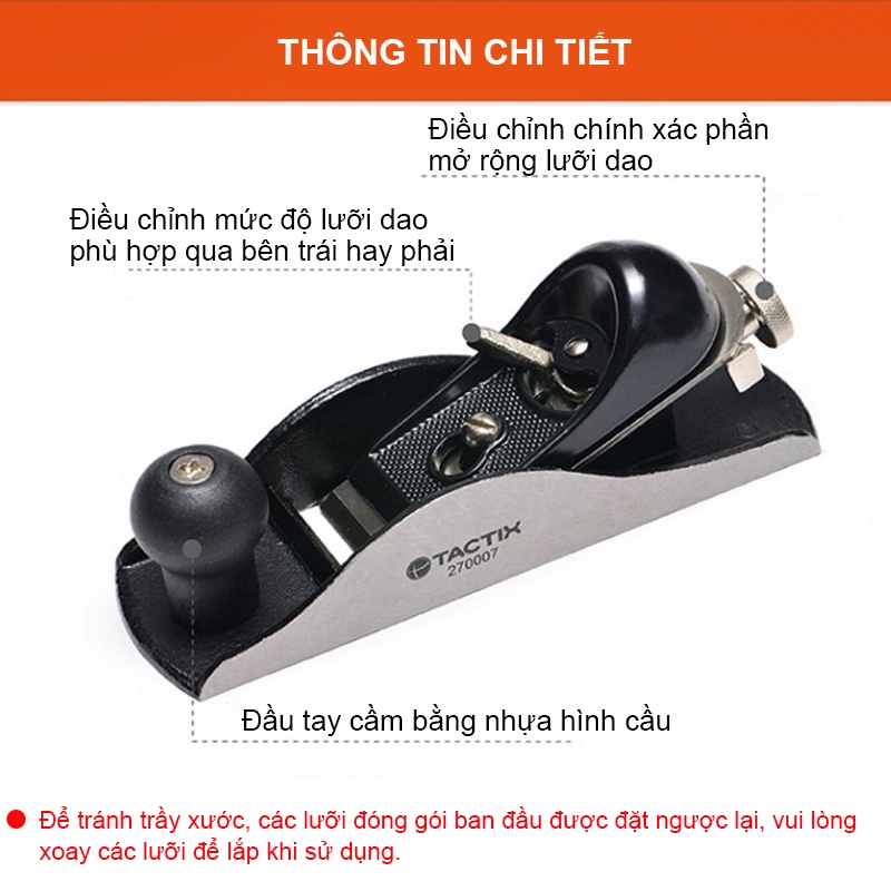 Bàn bào mini lưỡi bào 41mm-1,5 inch tính ứng dụng cao, làm đồ DIY Bào gỗ cầm tay 180mm TACTIX 270007