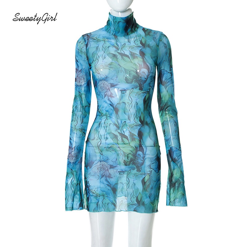 Đầm Mini Tay Dài Cổ Cao Phối Màu Nhuộm Độc Đáo Thời Trang Cho Nữ 2022