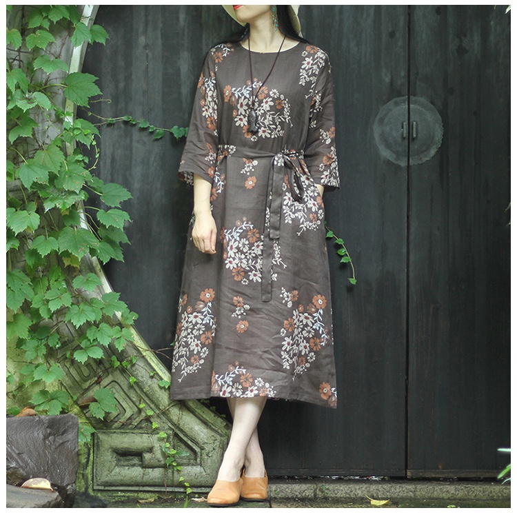 Đầm Hoa Dáng Suông Tay Lửng Cổ Điển Cho Nữ, Đầm Linen Túi Hông Kèm Dây Thắt Eo Da181