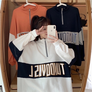 Áo sweater dáng rộng cổ đứng phối khóa kéo thời trang cho nữ