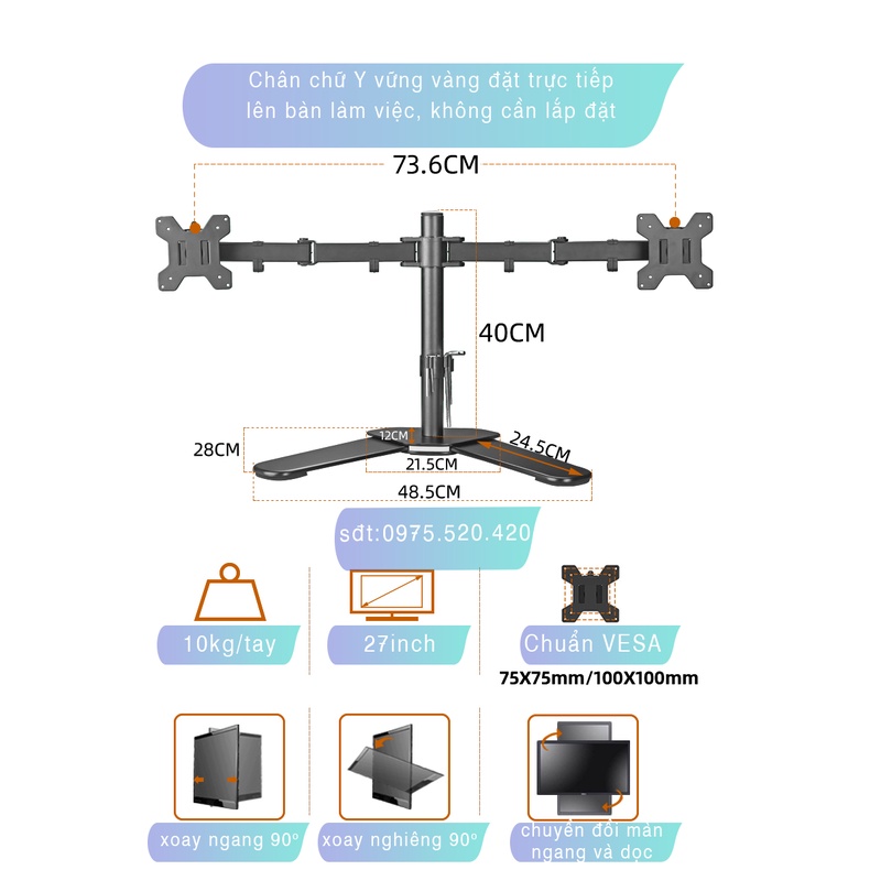 M042 -Giá Treo Hai Màn Hình Đặt Bàn/ Chân Để 2 Màn Hình Kép-Xoay 360 Độ- [Màn hình 17-27 Inch] [ Rẻ Hơn NB F160/ NBH180]