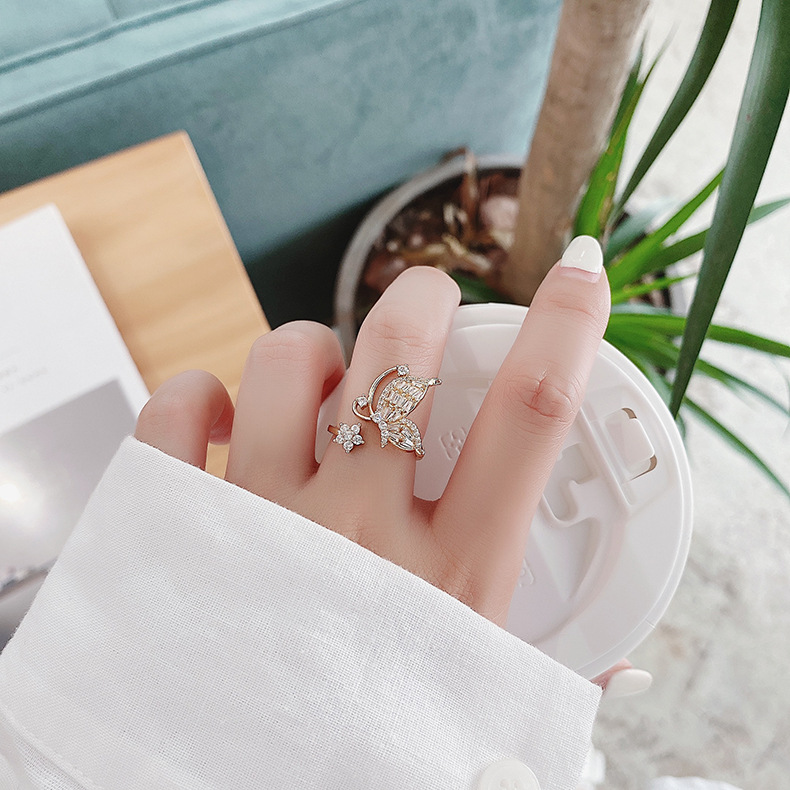OIMG  Nhẫn nữ hợp kim vàng zircon có thể điều chỉnh độ mở