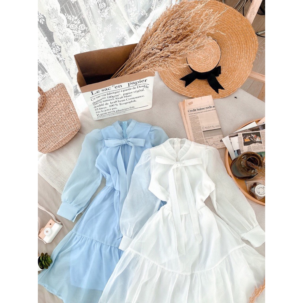 Đầm công sở kín cổ dài tay dáng xoè màu trắng màu xanh